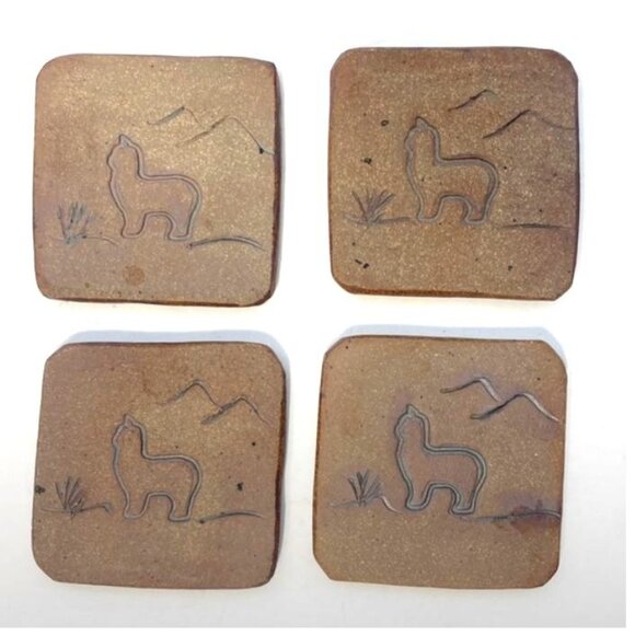 Handmade Sandstone Coasters With Llama & Mountain Design Set Of 4 Felt-Backed - Picture 2 of 9